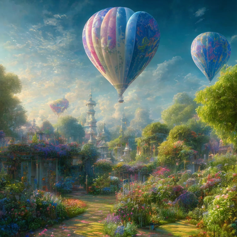 Landscape with hot air balloons floating above lush garden