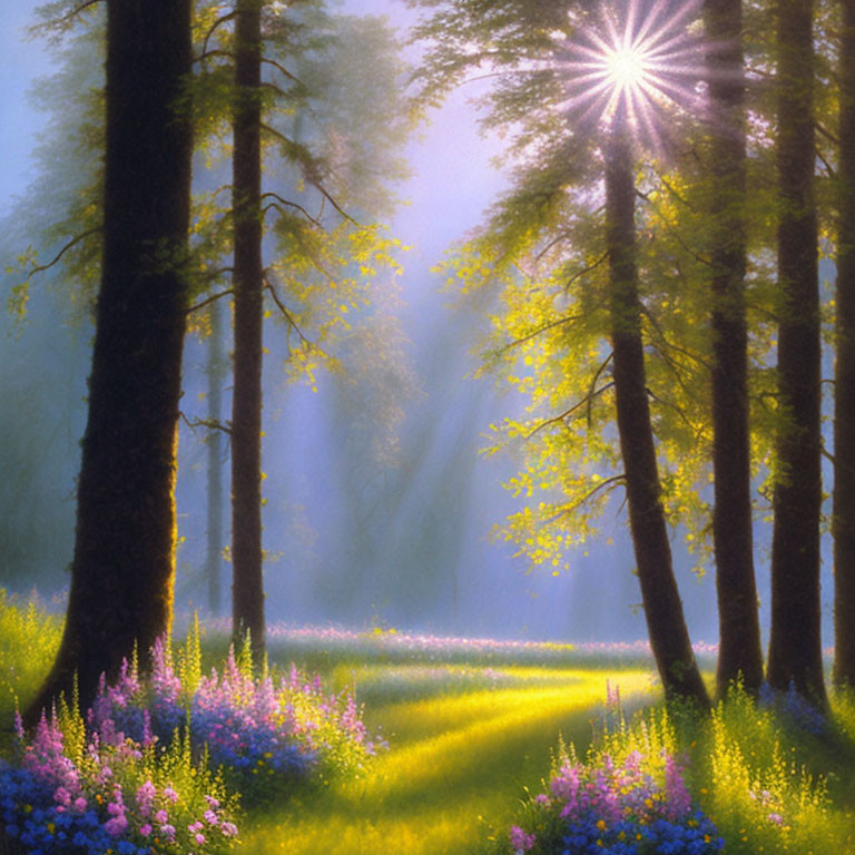 Misty Woods with Sunlight Illuminating Flower-Strewn Glade