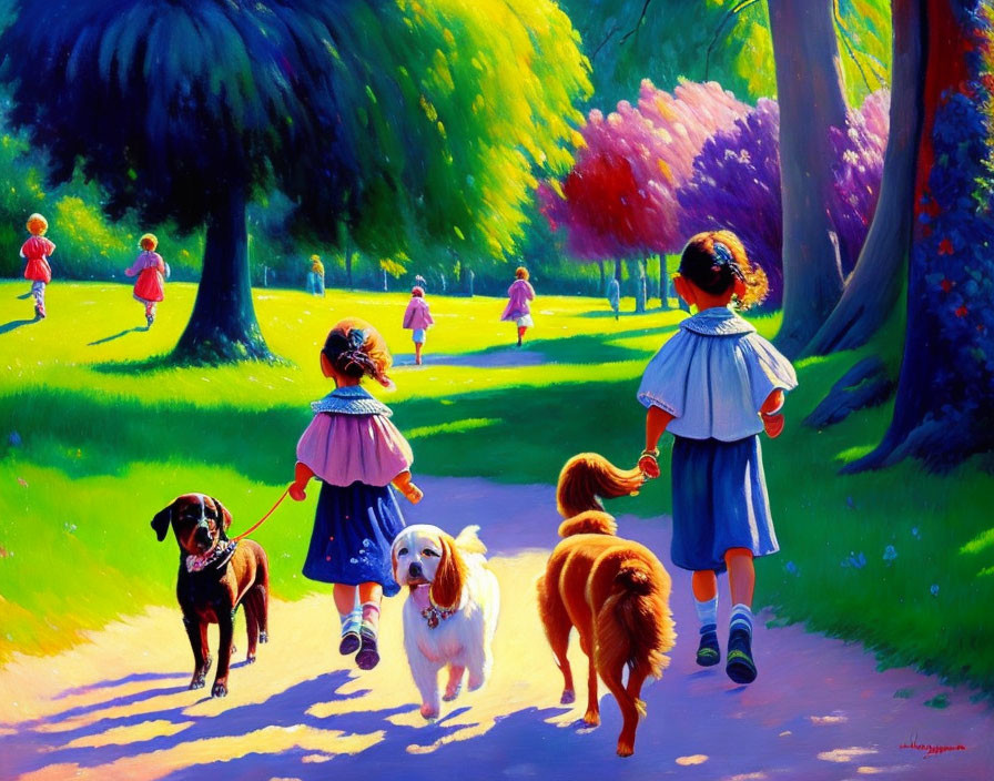 Kids walking dogs in lively park scenery.