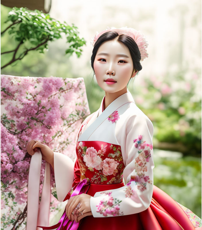 Traditional Korean Hanbok with Floral Patterns Standing Near Blossoming Trees