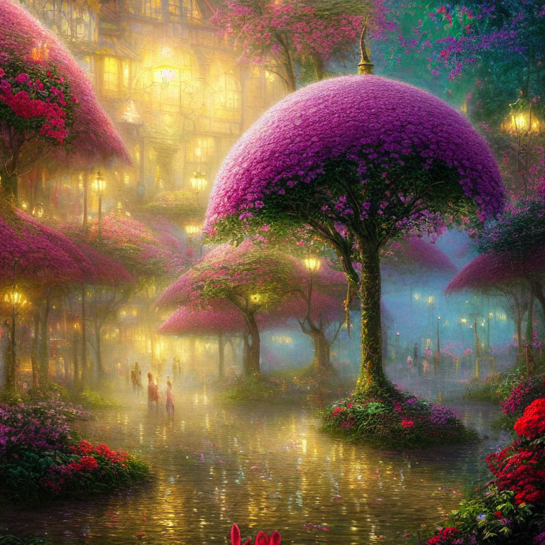 Vibrant pink trees and glowing lights in dreamlike landscape