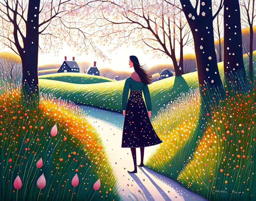 Woman in Long Dress Walking Through Vibrant Spring Landscape