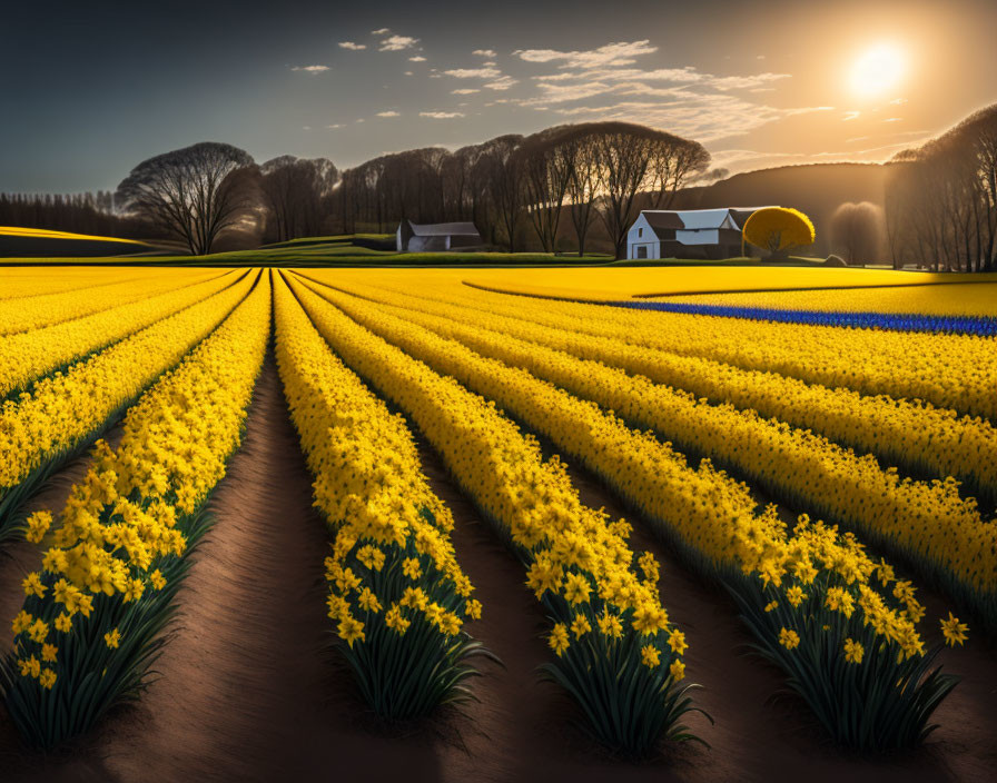 Yellow Daffodils Blooming at Sunset on Scenic Farm