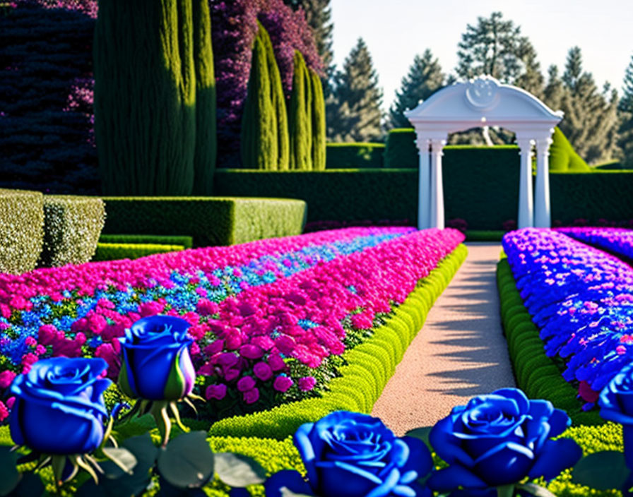 Manicured hedges, colorful flowers, white gazebo in vibrant garden