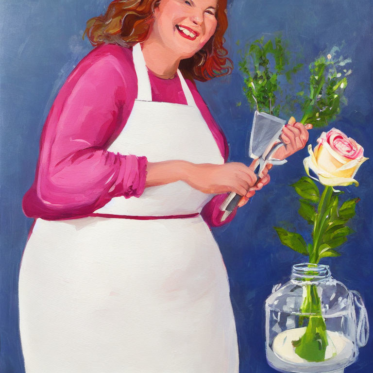 Woman in pink cardigan and apron trimming white rose in vase on blue background