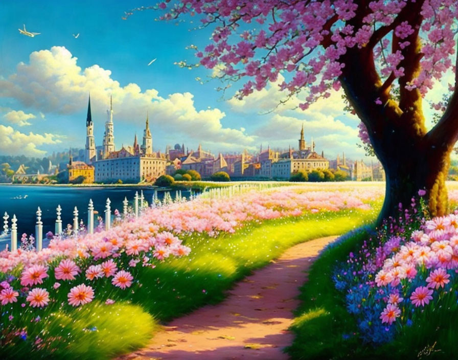 Scenic riverfront city painting with blossom-lined pathway