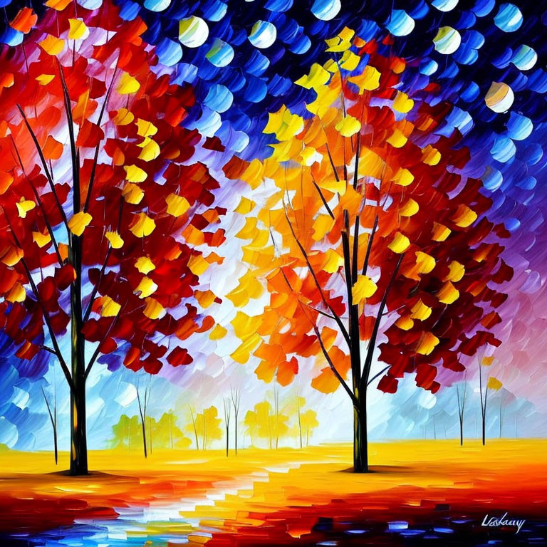 Vivid Impressionistic Painting of Colorful Trees and Pathway