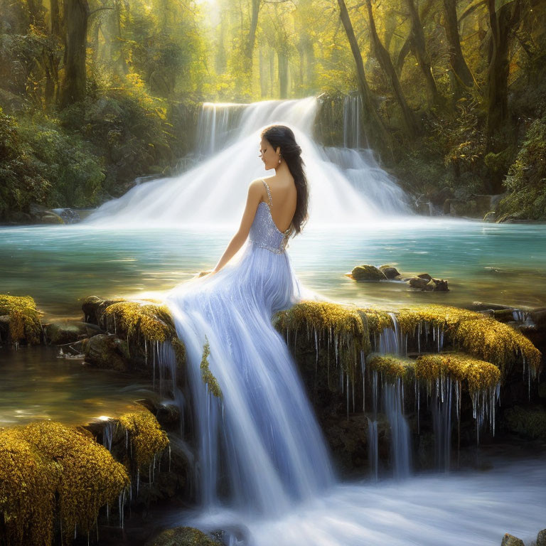 Woman in Blue Gown by Waterfall in Sunlit Forest