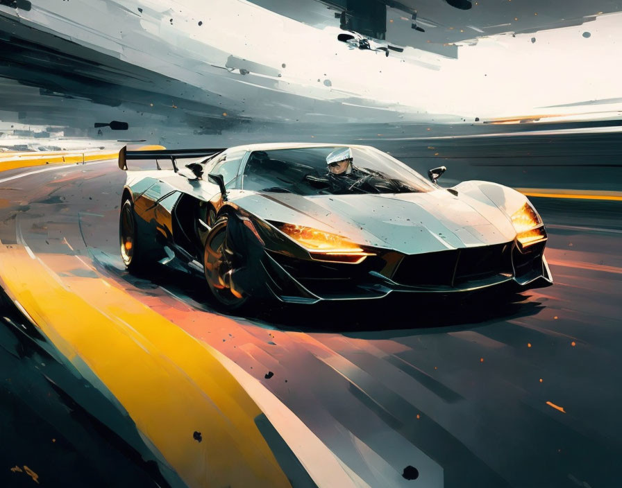 Vivid yellow and grey sports car illustration in high-speed race