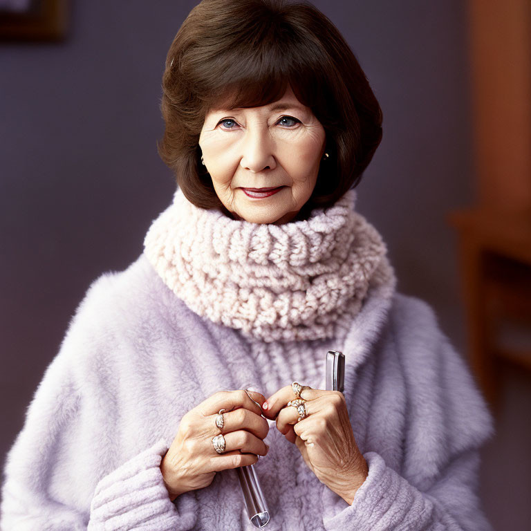 Elderly Woman in Lavender Turtleneck and Knit Scarf Holding Glasses