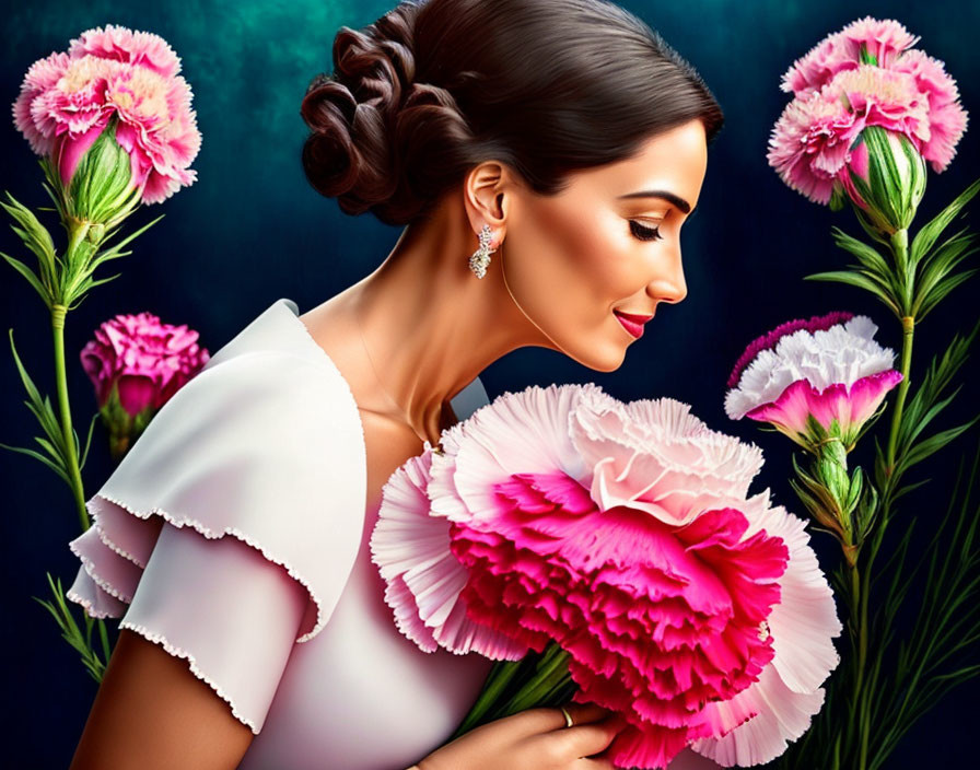 Woman with side-swept hairstyle in white dress among pink carnations