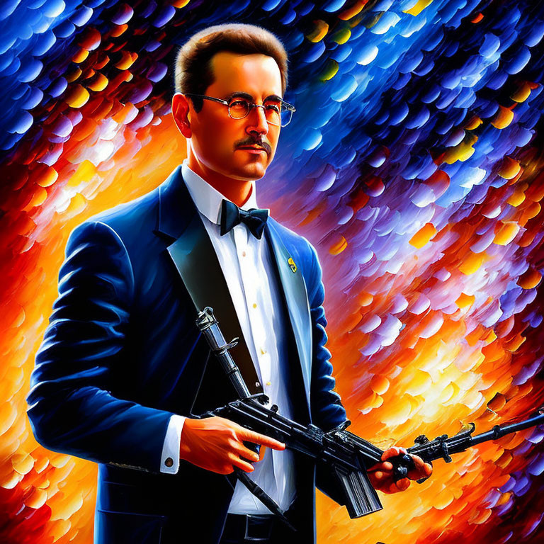 Stylized portrait of man in glasses with bow tie and rifle against vibrant backdrop