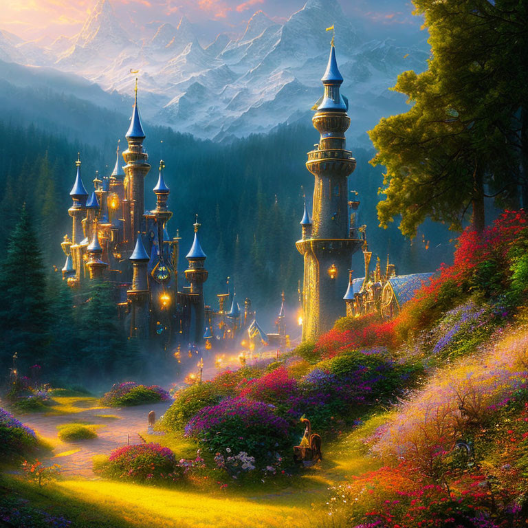 Enchanting castle in blooming forest at sunset