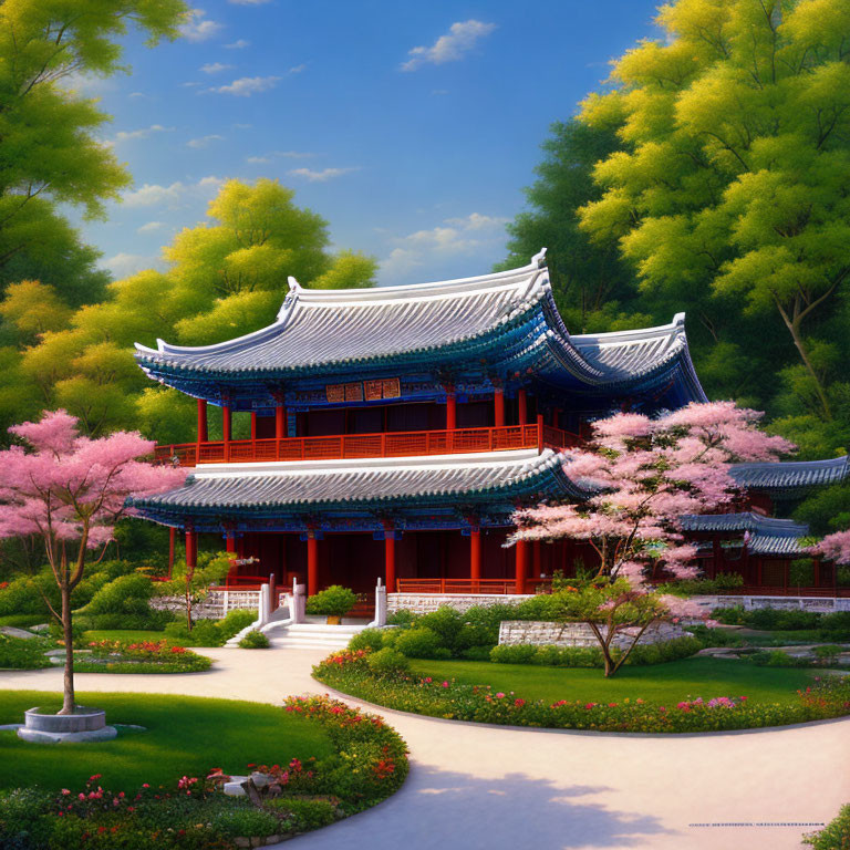 Traditional Asian pagoda in blooming cherry blossom garden under clear blue sky