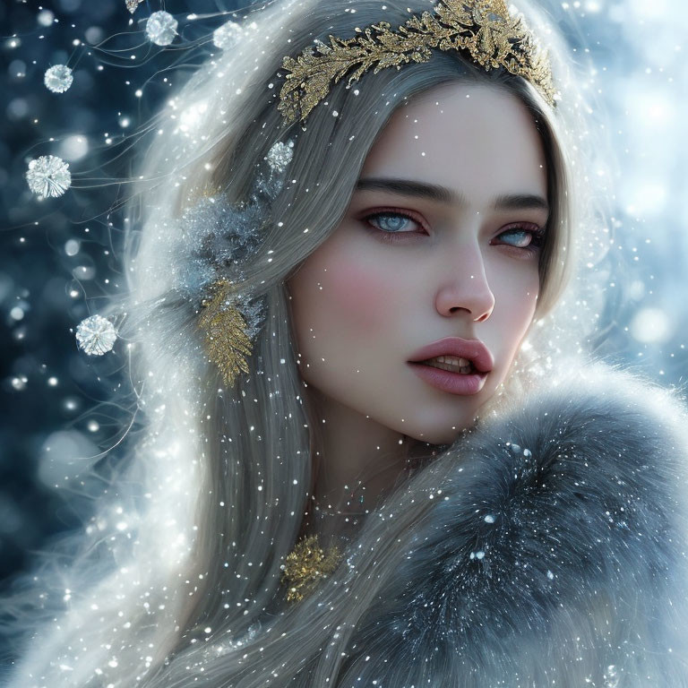 Pale-skinned woman with blue eyes in golden headpiece and fur cloak surrounded by snowflakes