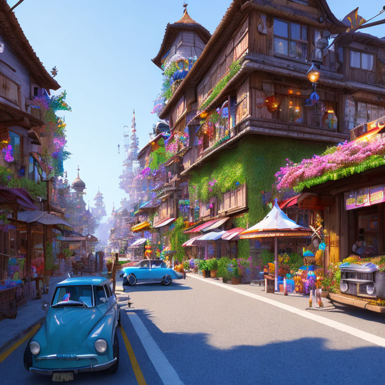 Colorful street scene with vintage cars, market stalls, and charming buildings.