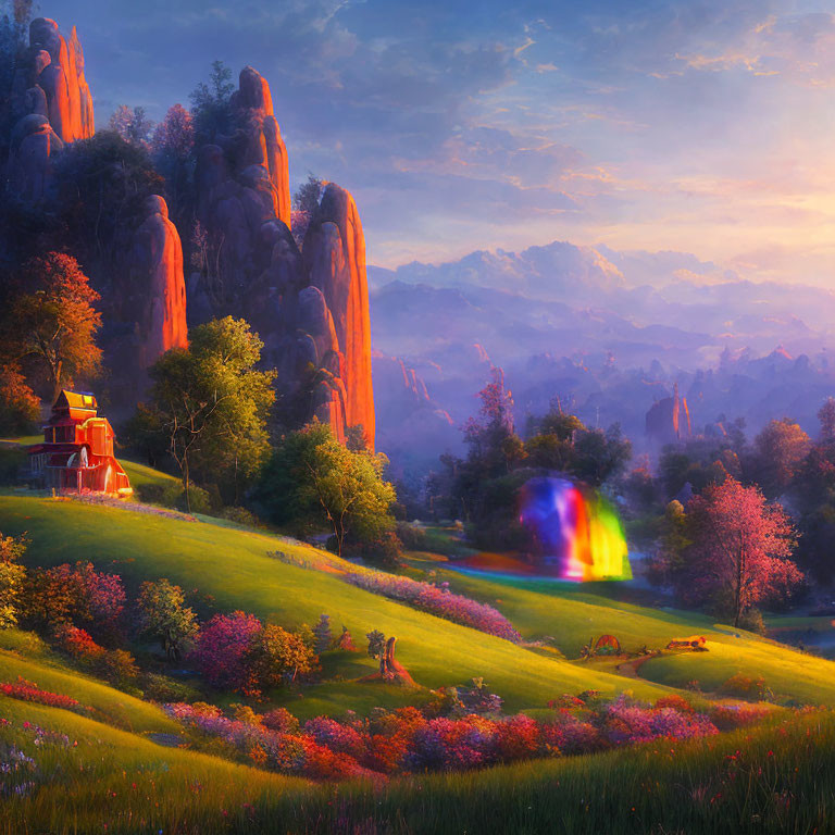 Fantasy landscape: Sunrise temple, rainbow, rocks, trees