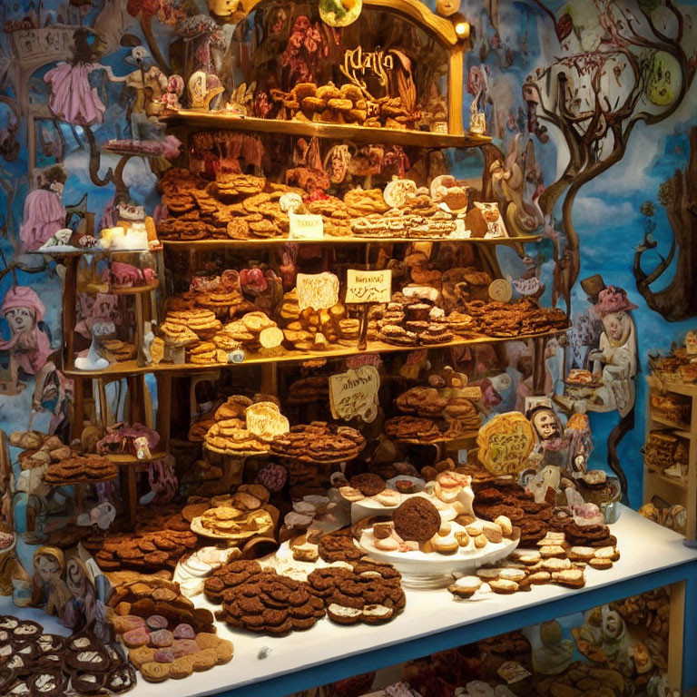 Whimsical bakery display with cookies and treats, adorned with illustrations