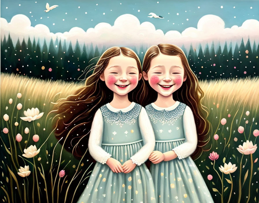 Two Smiling Girls in Matching Blue Dresses in Whimsical Field