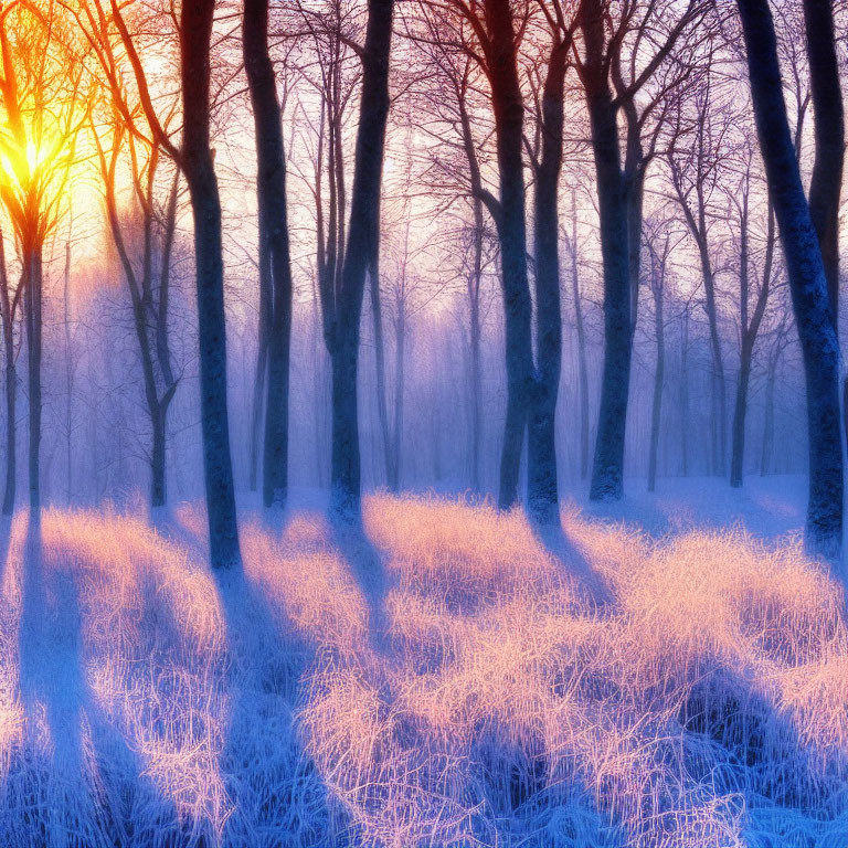 Winter landscape with sunbeams through bare trees on frost-covered ground