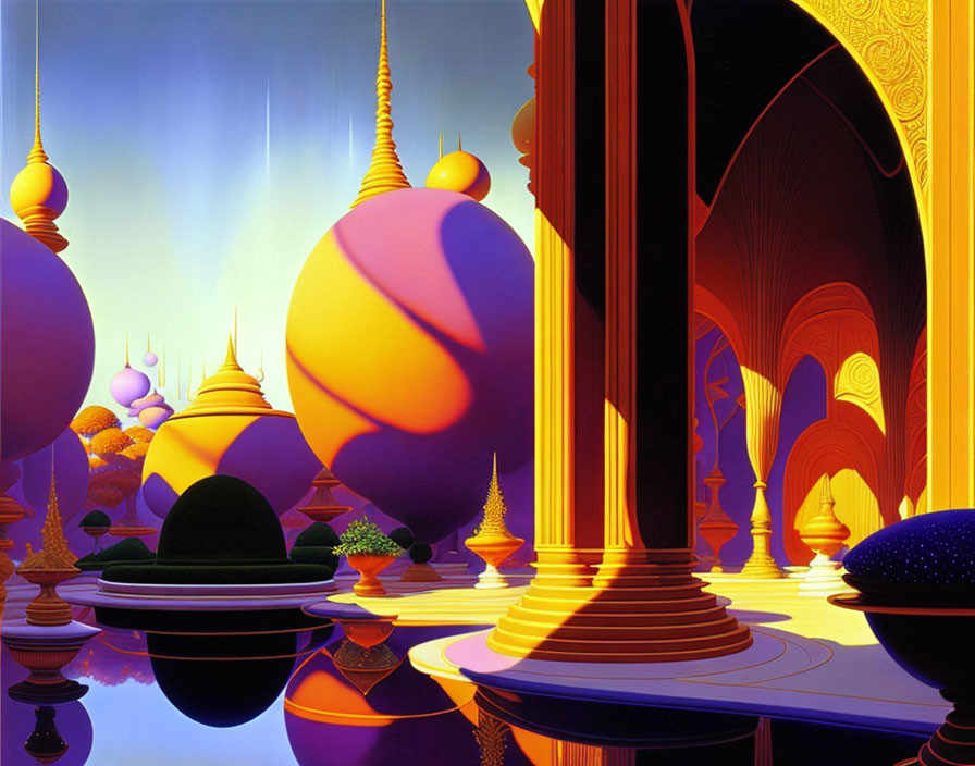 Surreal landscape with smooth architectural shapes in purple, blue, and gold