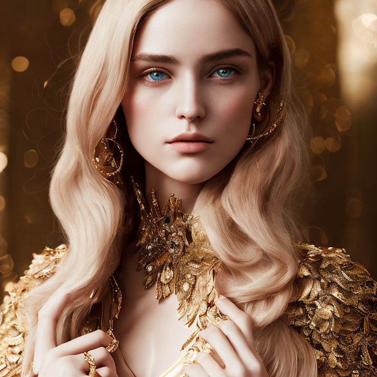 Blonde Woman with Blue Eyes in Gold Jewelry on Golden Background