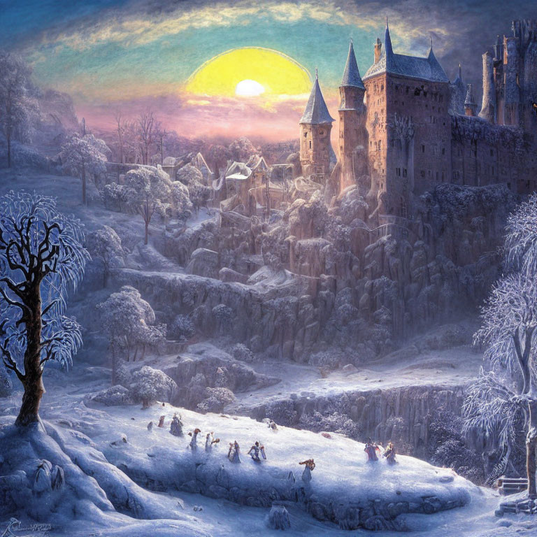 Snow-covered castle and winter scenery with people, animals, and swing at sunrise