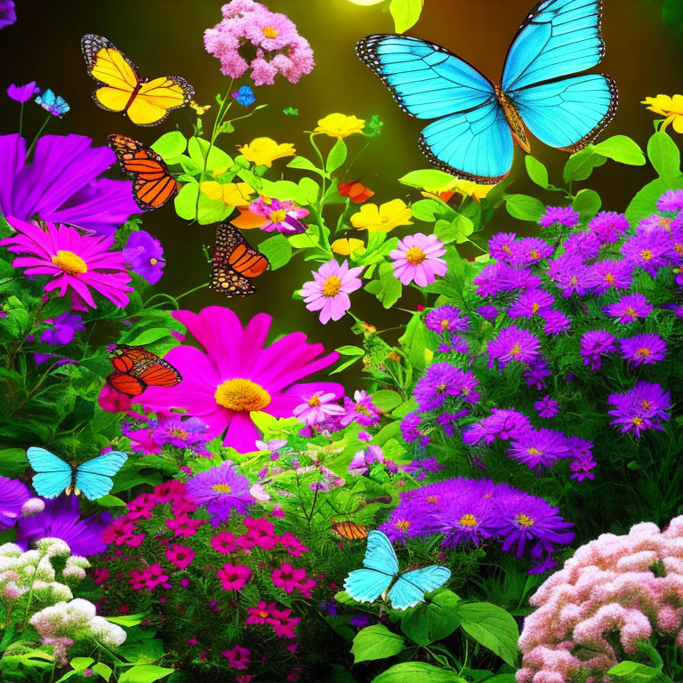 Colorful Garden Scene with Flowers and Butterflies on Dark Background