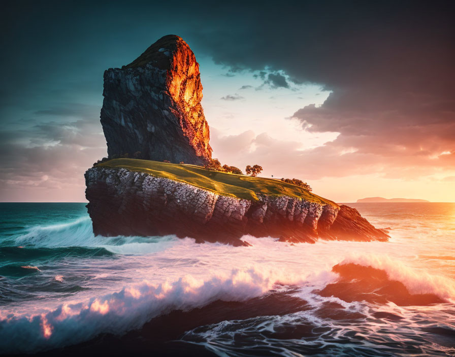 Majestic rock formation at sea under dramatic sunset.