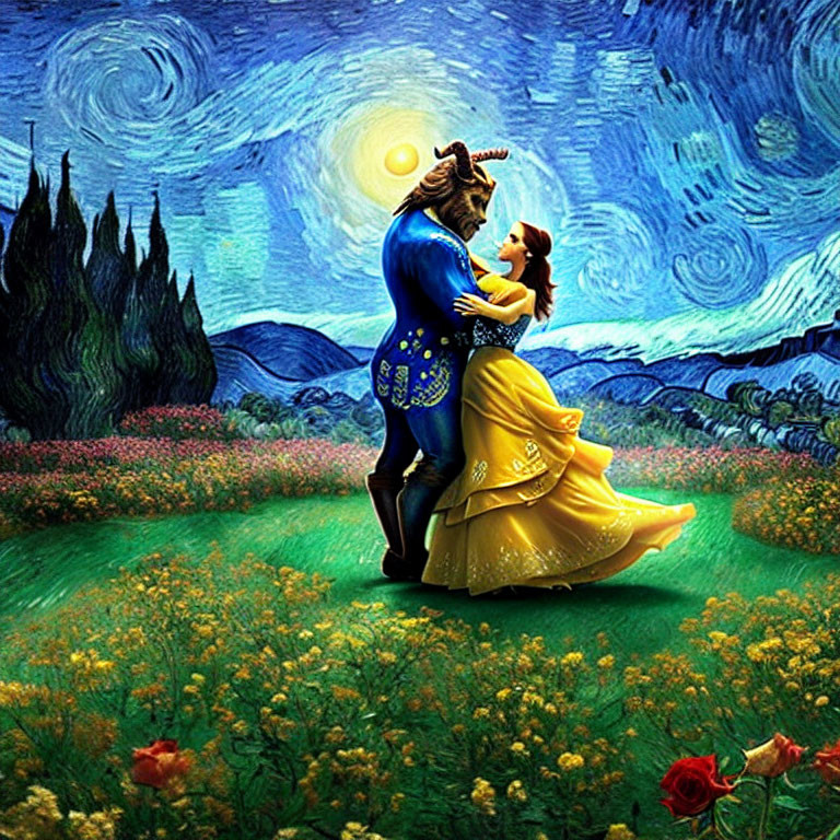 Couple Dancing in Vibrant Van Gogh-Inspired Landscape