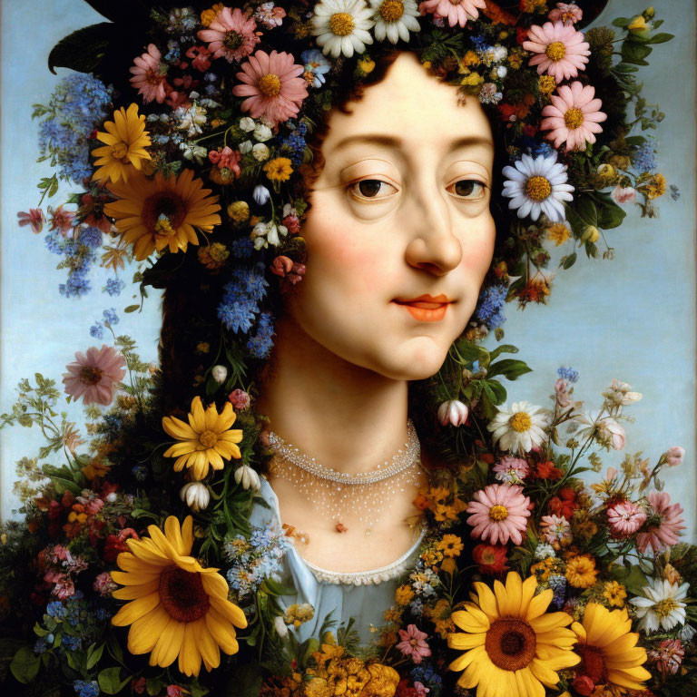 Portrait of serene woman with vibrant flower wreath and pearl necklace