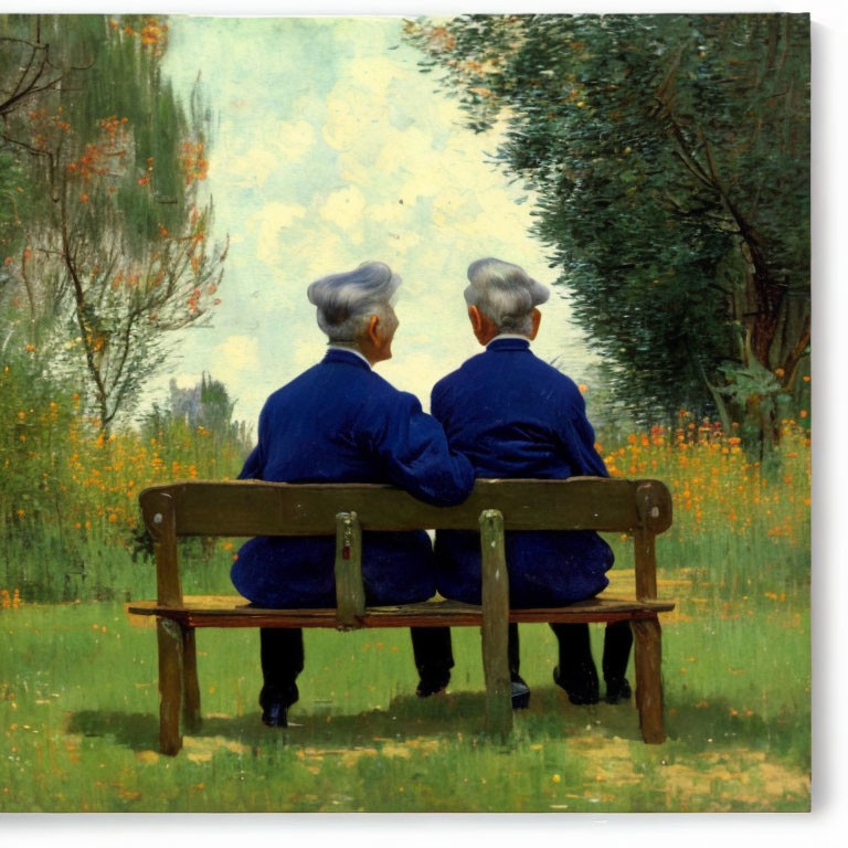 Two White-Haired Figures in Blue Jackets on Wooden Bench in Green Park