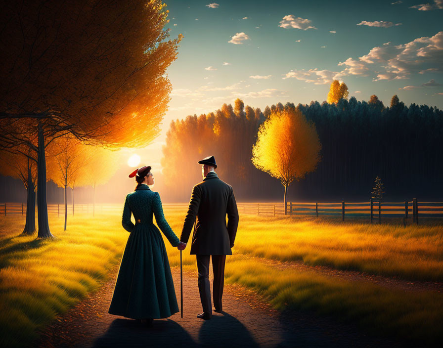 Vintage-dressed couple holding hands in scenic sunset field.