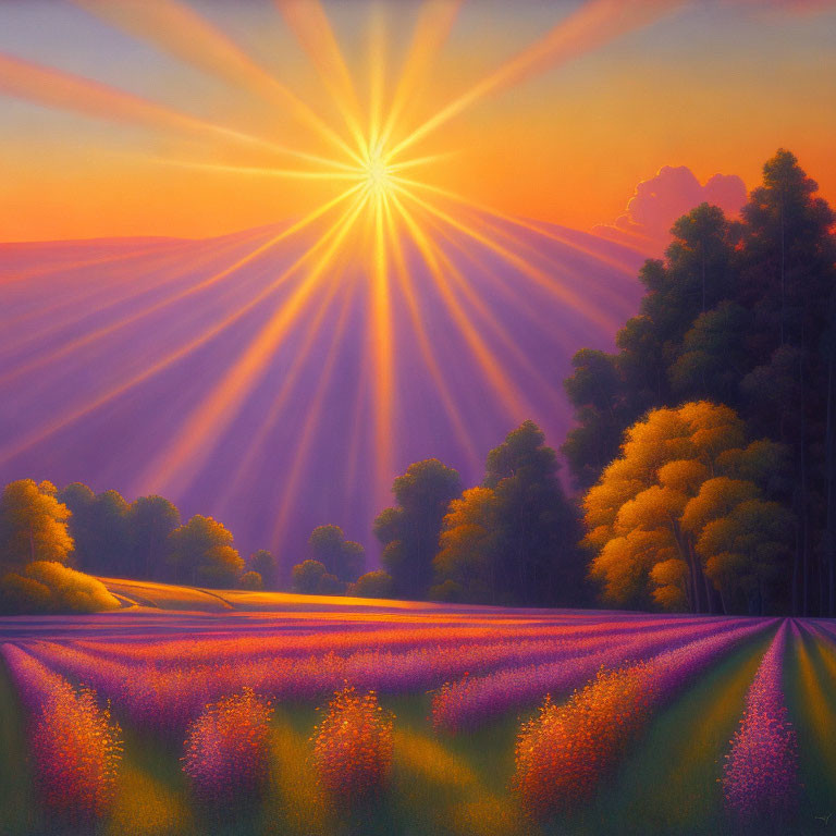 Sunrise landscape with rays, purple flowers, and golden trees