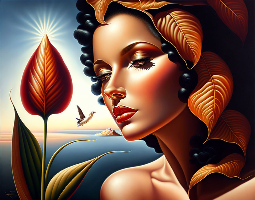 Colorful portrait of woman with exaggerated features and red leaf, bird flying over water.