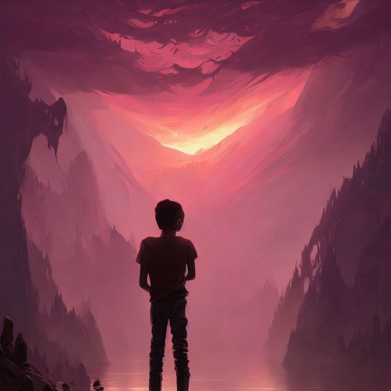 Child admires stunning pink and purple sunset over serene lake