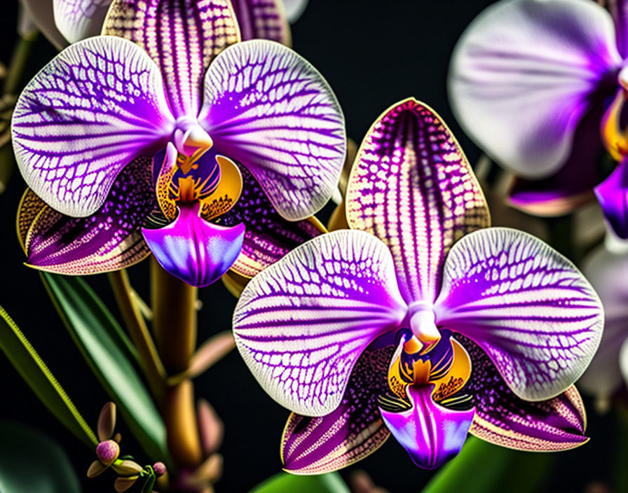 Striped Purple and White Orchids with Yellow Centers on Dark Background