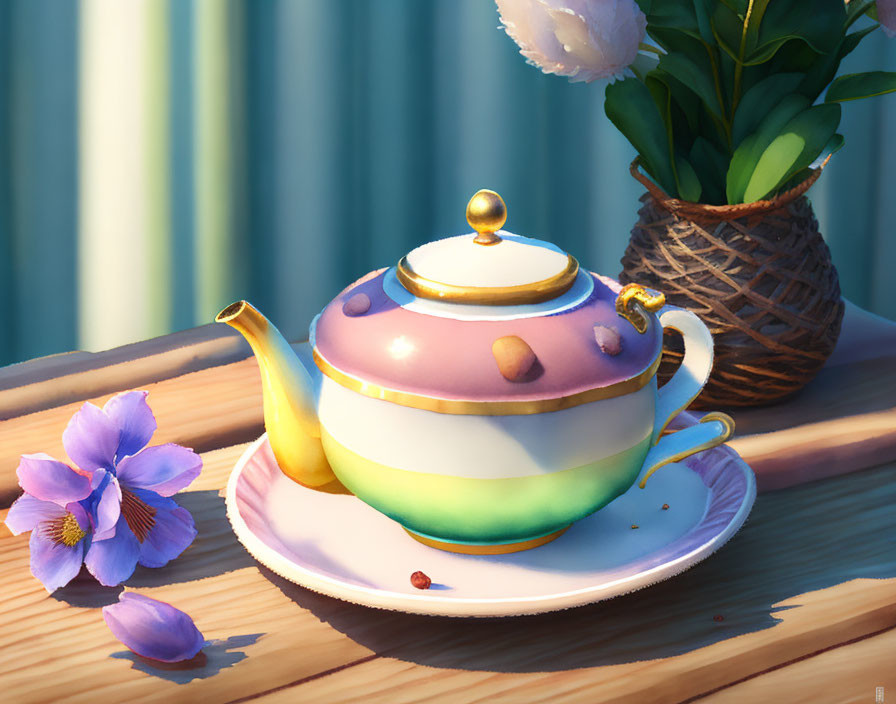 Colorful Teapot on Saucer with Purple Flower and Sunlight Effect