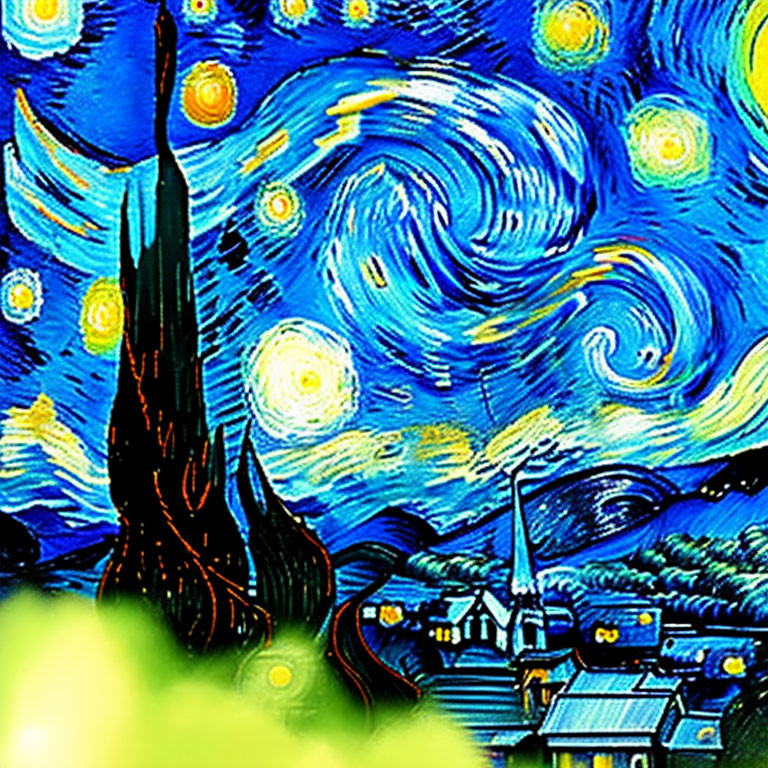 Vibrant painting of swirling blue sky, stars, cypress tree, crescent moon, and