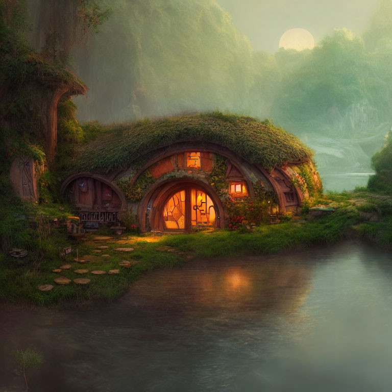 Charming Hobbit-style house with round doors and thatched roof near serene river at dusk