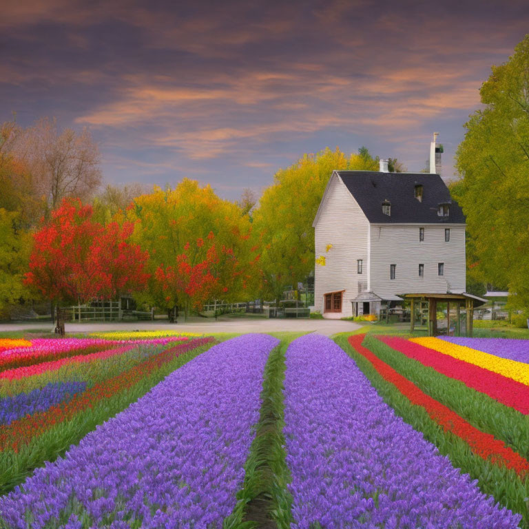 Vibrant tulip fields and autumn trees near white mill at sunset