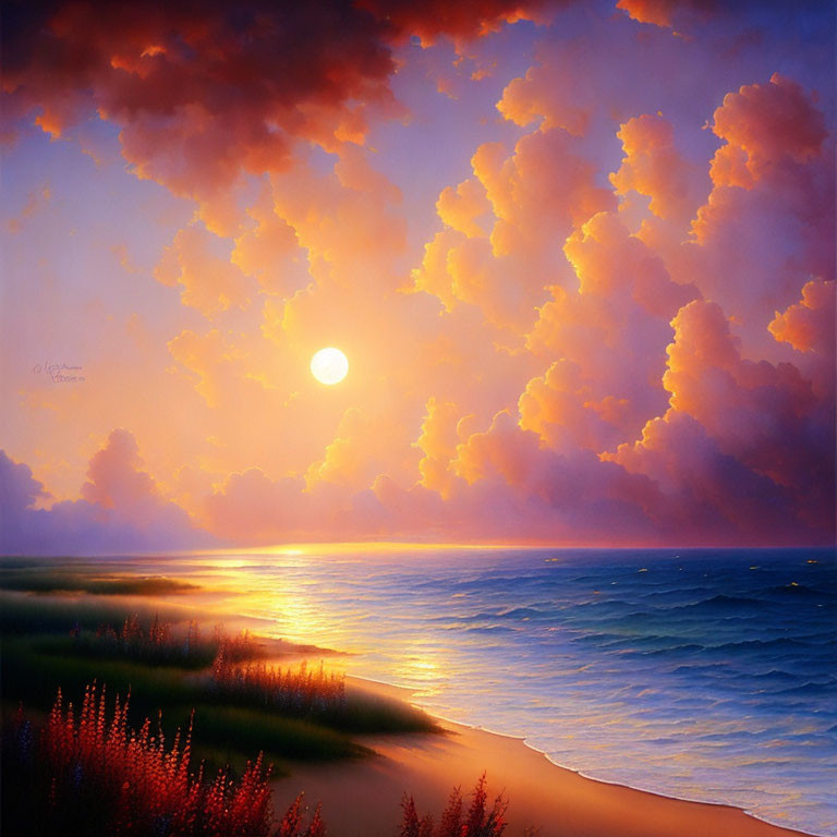 Scenic ocean sunset with golden light, cumulus clouds, and serene beach