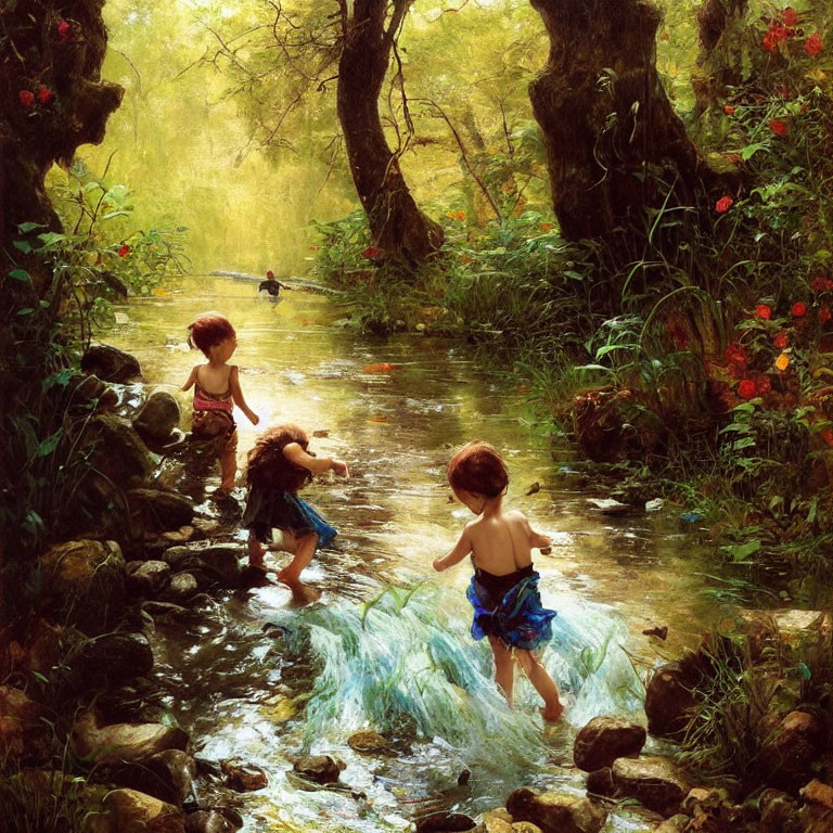 Children playing in sunlit woodland stream with duck and red flowers