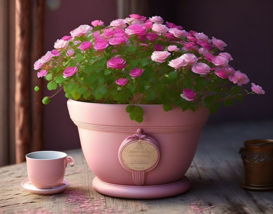 Pink flowers in large pot beside small cup on wooden surface