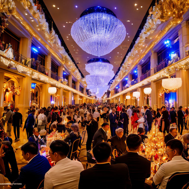 Luxurious Gala Event with Grand Chandeliers and Festive Decorations