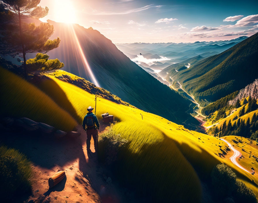 Hiker with backpack on mountain trail overlooking scenic sunrise valley