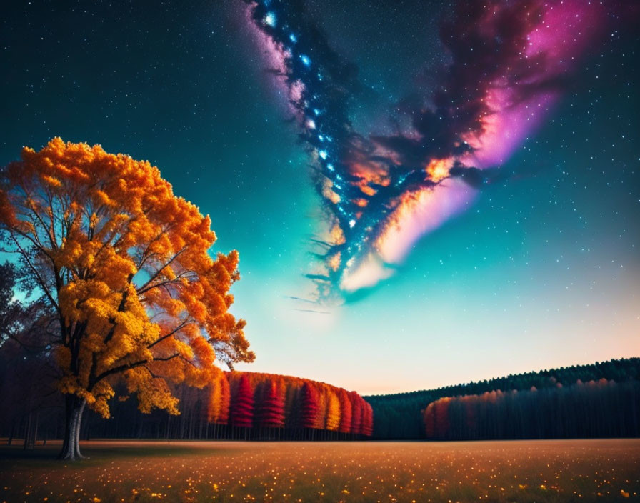 Vibrant Night Sky with Autumn Trees and Aurora Colors