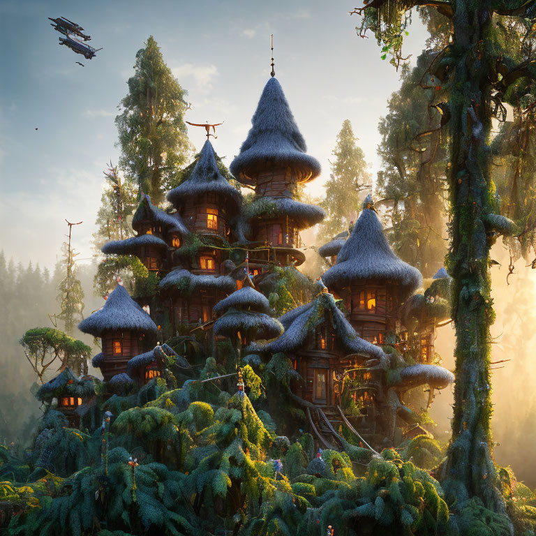 Fantasy treehouse with thatched roofs in ancient forest at dawn