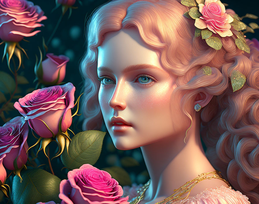 Vintage-inspired digital artwork of woman with golden curls and roses in hair against floral backdrop