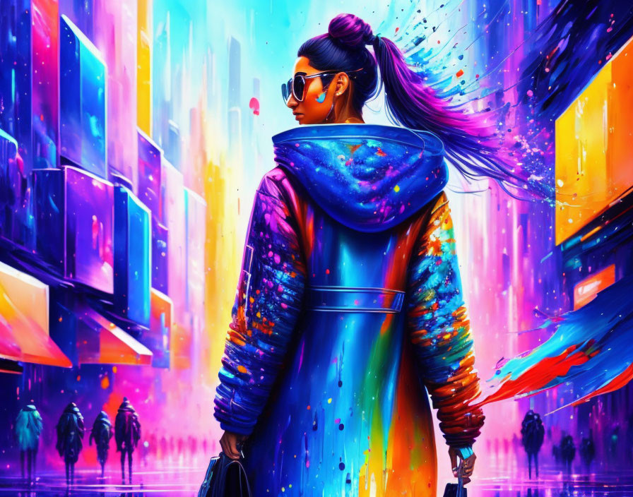 Woman in Vibrant Hoodie Walking in Futuristic City with Neon Lights